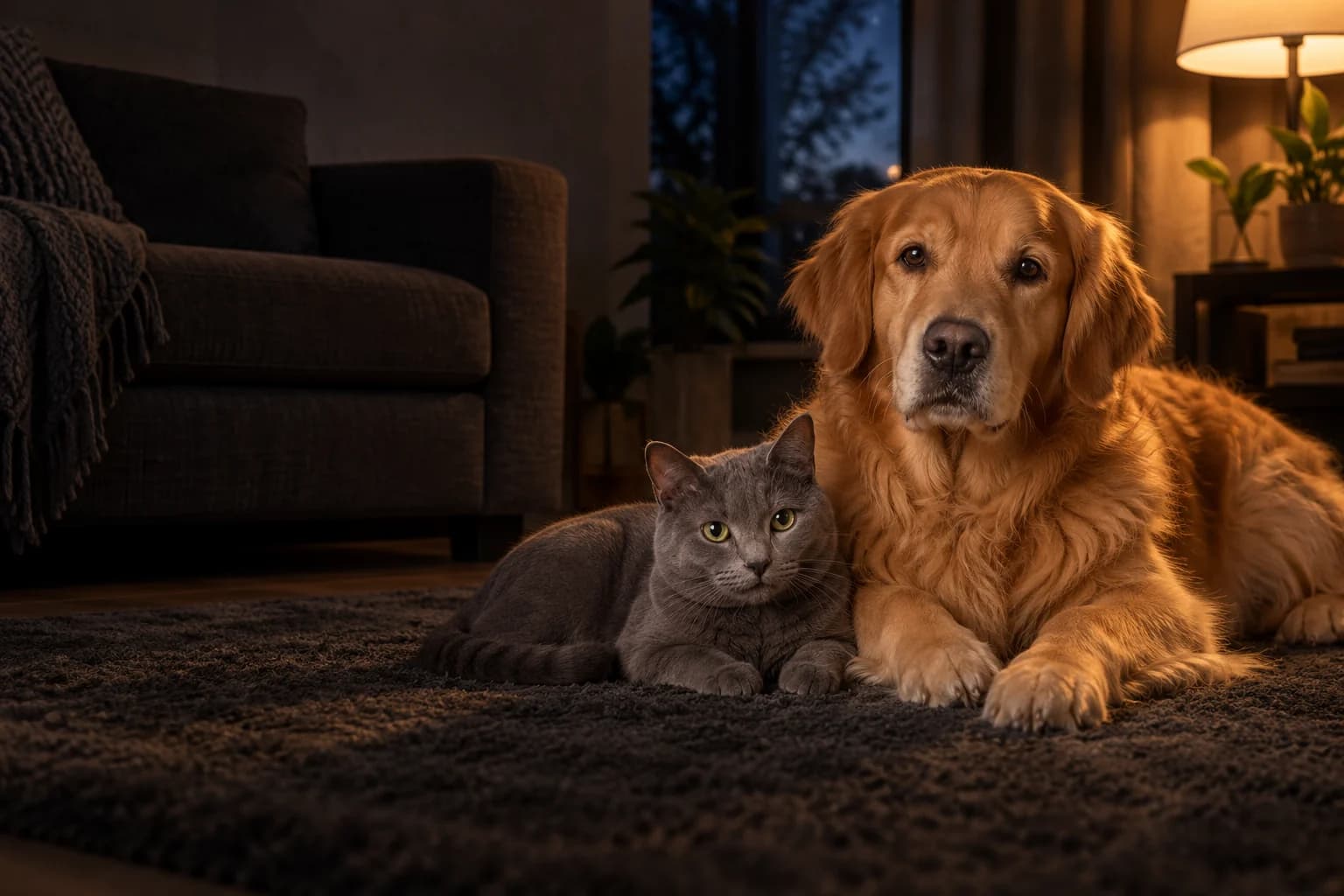Imagen ilustrativa de un perro y un gato tranquilos en casa durante la noche