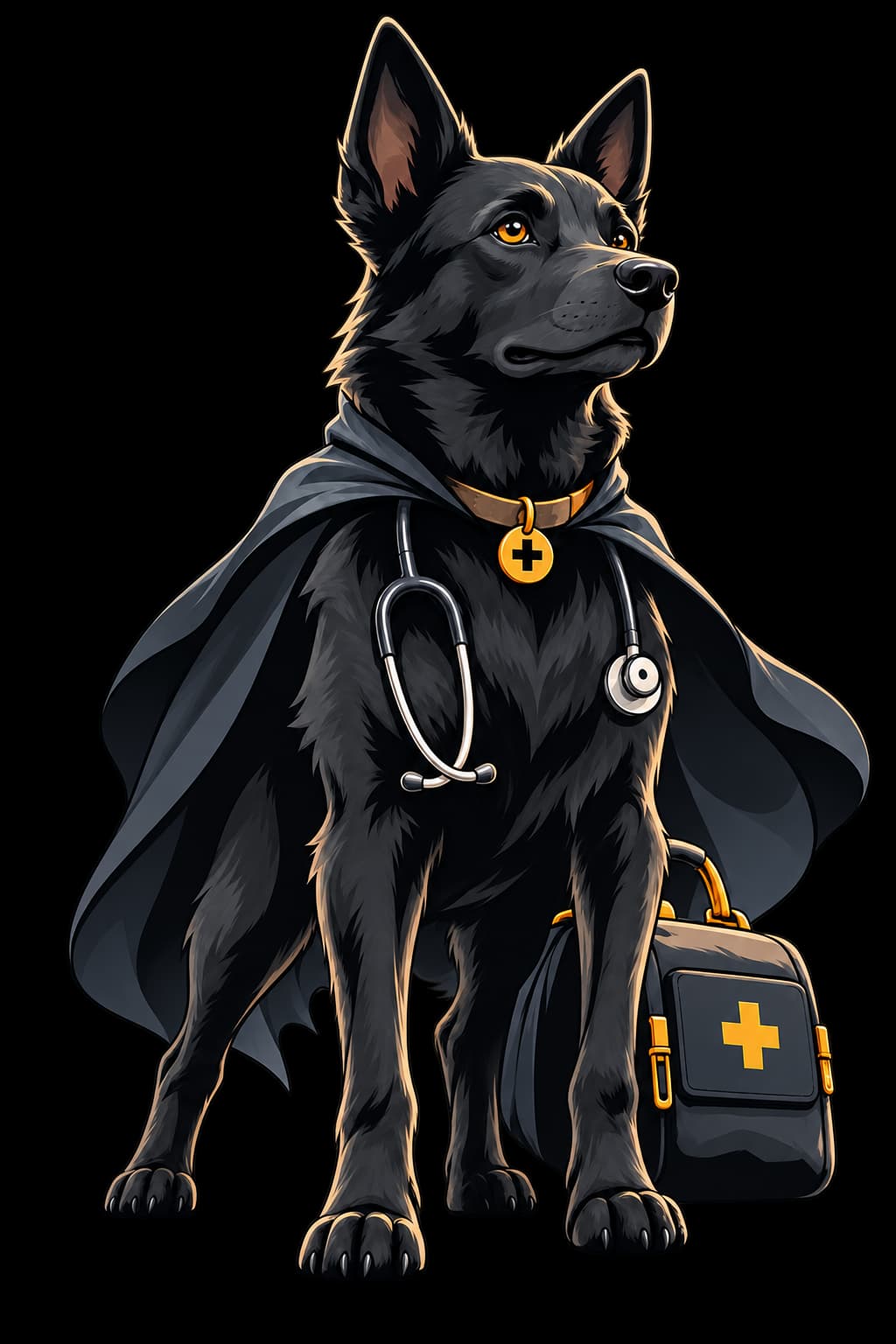 Guardián Canino con su capa, estetoscopio y maletín médico